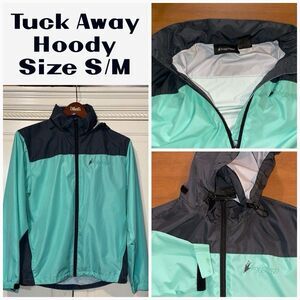 Frogg Toggs Rain Jacket Women S/M Turquoise Teal Grey Tuck Away Hoody‎